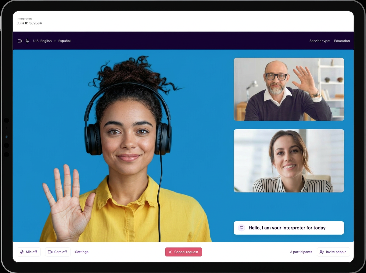 Tablet showing a professional interpreter on a video call with two participants